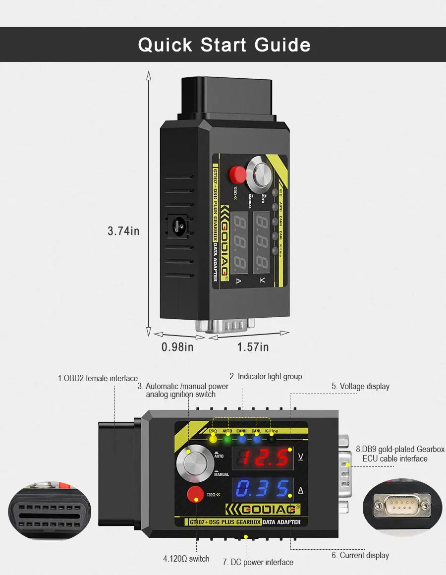GODIAG GT107+ DSG Plus Gearbox Data 2025 Adapter For VAG Gearbox Connecting CANBUS K-line new Voltage Display For Benz/ DQ250 ETC