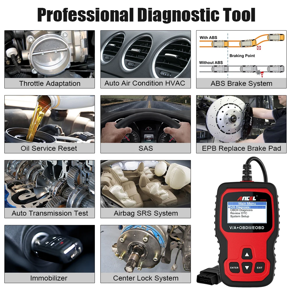 ANCEL VD OBD Scanner Seat Check Engine Light Oil Reset EPB ABS SRS Code Reader Car Diagnostic Tool for VAG VW Audi Skoda