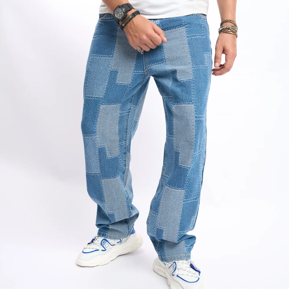 Men Loose Personalized Spliced Jeans High Quality Male Streetwear Straight Denim Pants