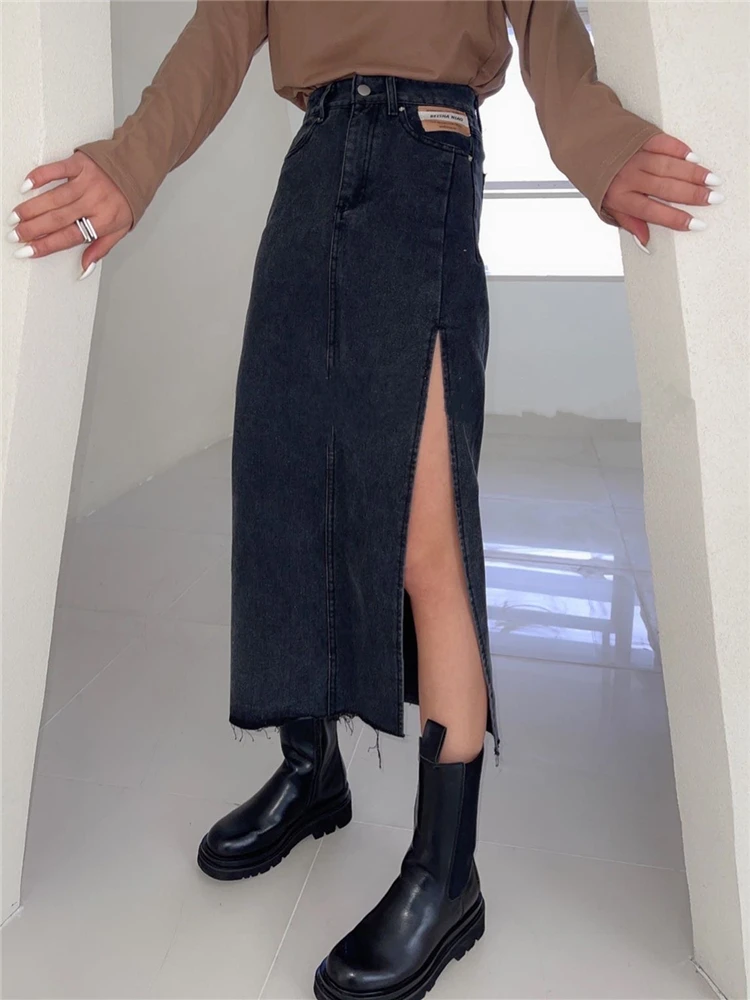 REALEFT New Summer Women's Long Denim Skirts Vintage 2025 High Wasit Jeans new Skirt Straight Side Split A-line Pencil Skirts Female