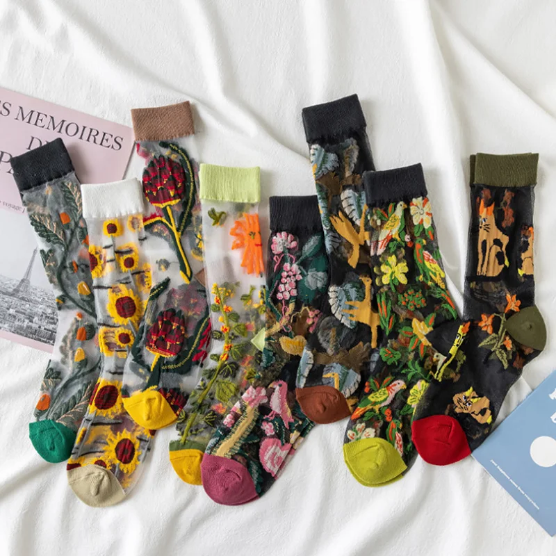Ultra-thin Transparent Crystal Silk Socks Women Summer Creative Floral Retro Elastic Silk Trend Print Ultrathin Glass Silk Socks