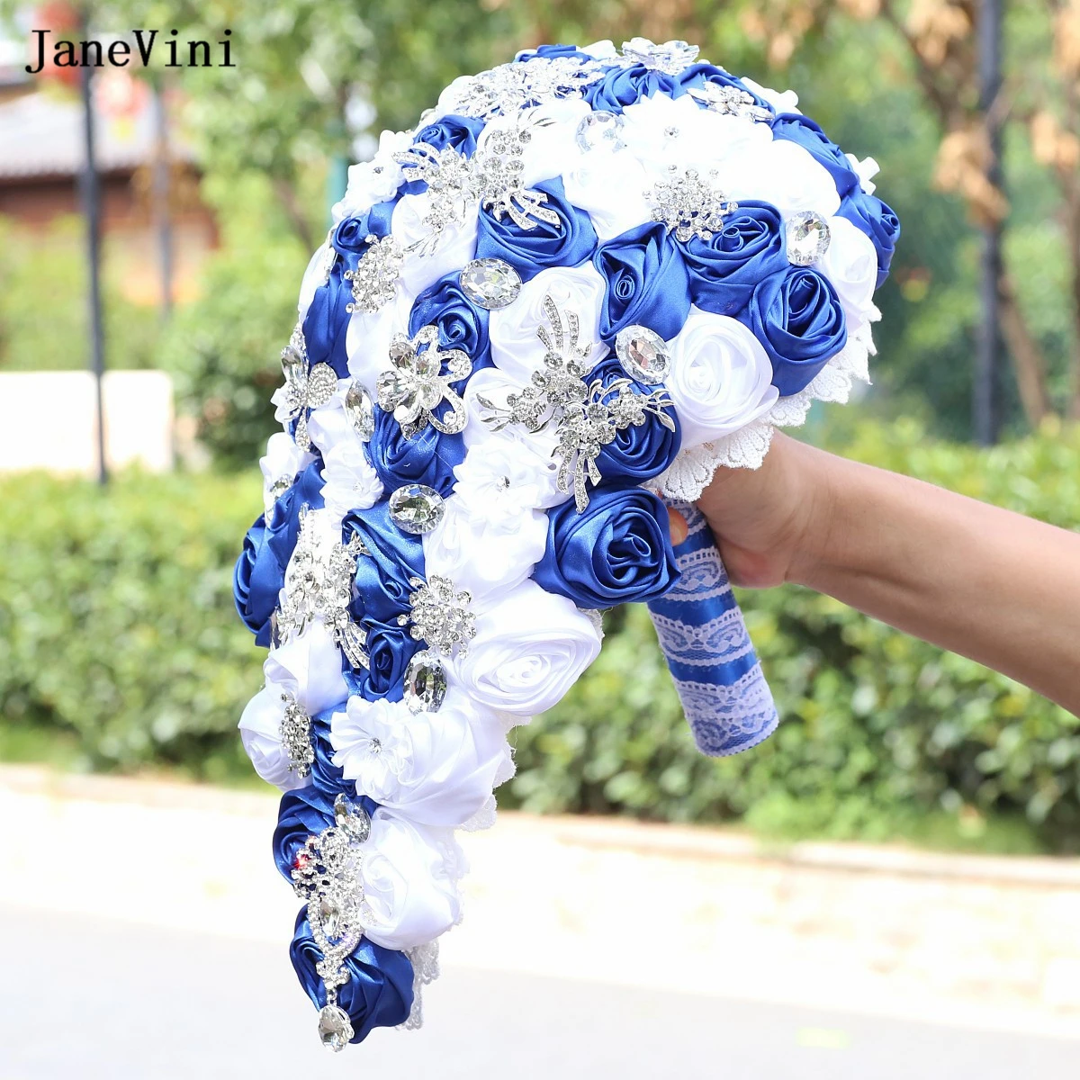 JaneVini Royal Blue White Satin Flowers Waterfall Bridal Bouquets Sparkly Crystal new Cascading Bouquet Accessories 2025 for Bride