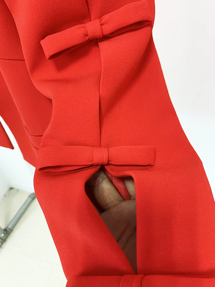 Red Short Cardigan Bow Jacket Coat 2024 Spring New Designer 2025 Hollow Bow Split Three Quarter new Sleeve Short Cardigan Jacket Women