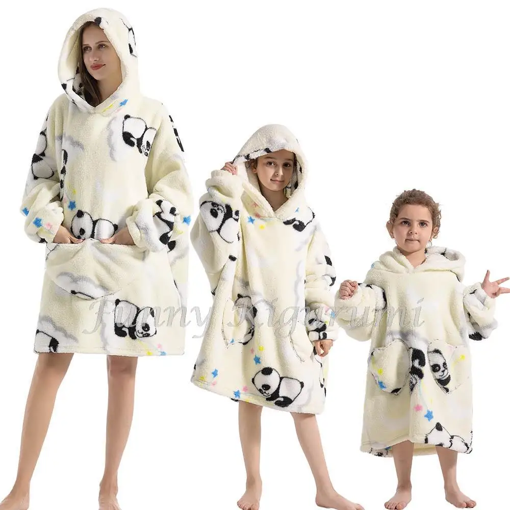Winter Hooded Sweater Blanket Women Kids Oversized Fleece Blanket With Sleeves Children Adult Warm Thick TV Hoodie Robe Couple