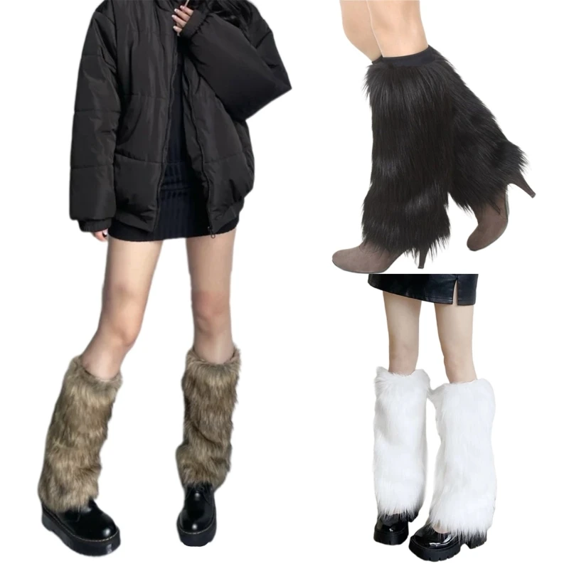 Women Vintage Furry Leg Warmer Winter Warm Harajuku Gothic Solid Color Faux Fur Boots Shoes Cuffs Cover Socks Streetwear