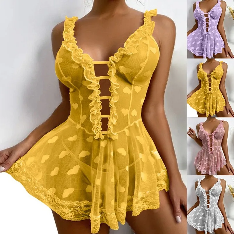 Women New 2025 Sexy new Lace Sling Lingerie Plus Size Nightie Homesuits Transparent Hollow Nightwear Robe Babydoll Sleepwear Night Dress