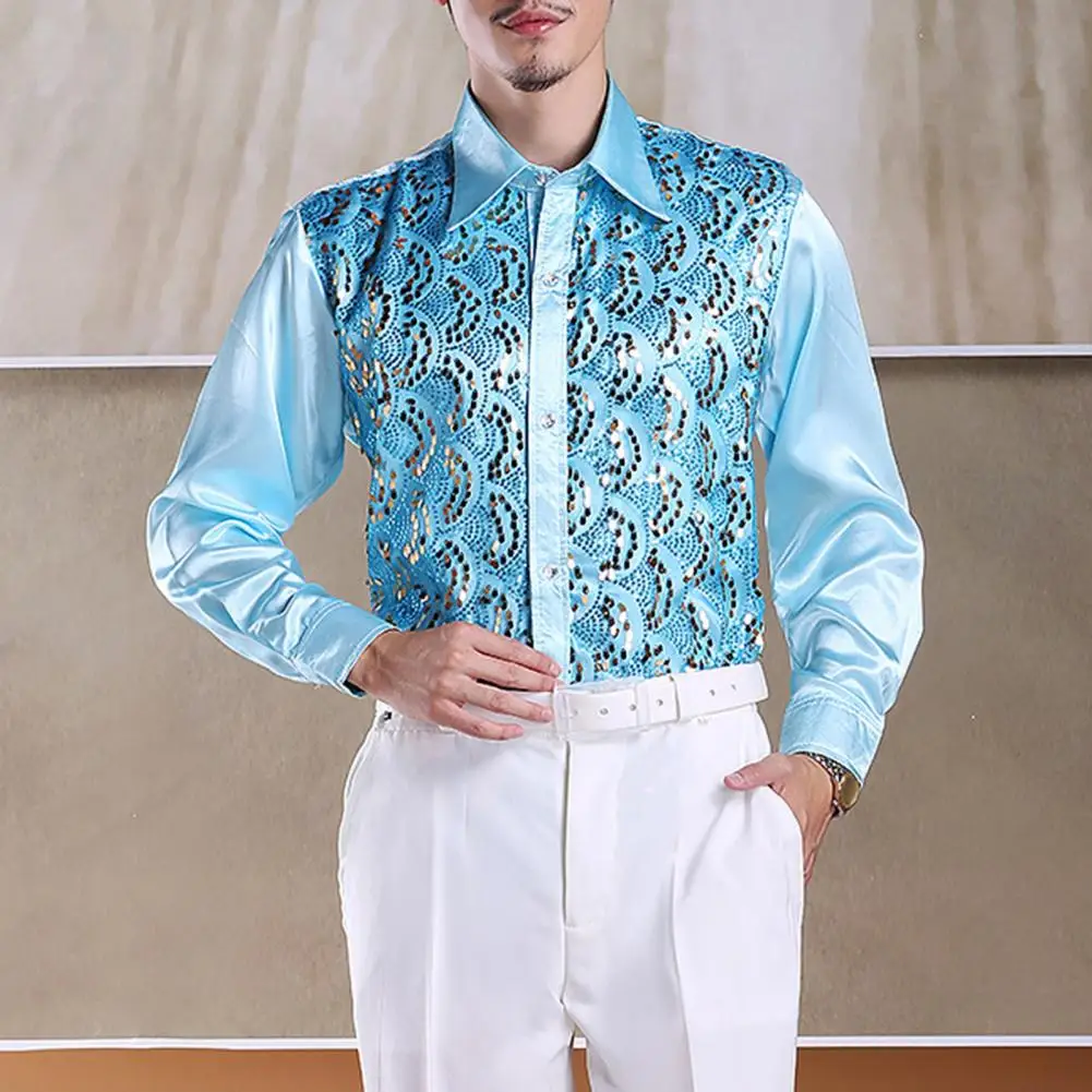 Shirt Men Sleeve Long Formal Shirt Tops Men's Sequins Performance Shirt for Wedding Stage Formal Events Long for Men 's smile 's '