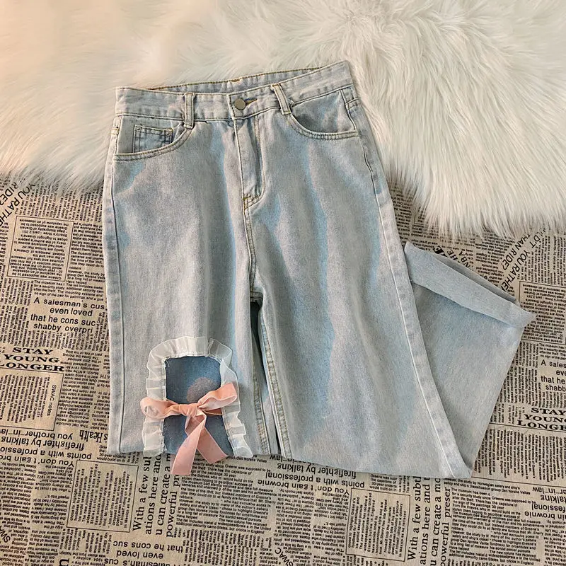 Denim Pants Sweet Bow Lace-up Lace Hole 2025 Wide Leg Pant Summer new High Waist Y2k Japan Style Jeans Women Haruku Light Blue Belt