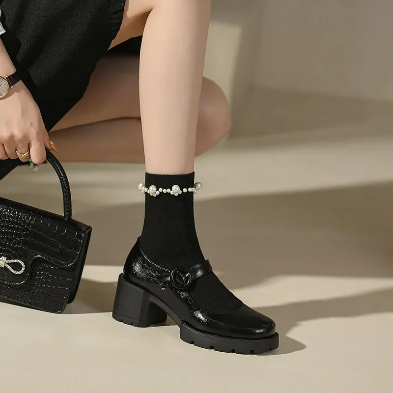 2024 New Cow Leather Mary Jane Women's Shoes LEISURE Buckle Platform Shoes Shallow Pumps Round Toe Shoes Woman Zapatos De Mujer