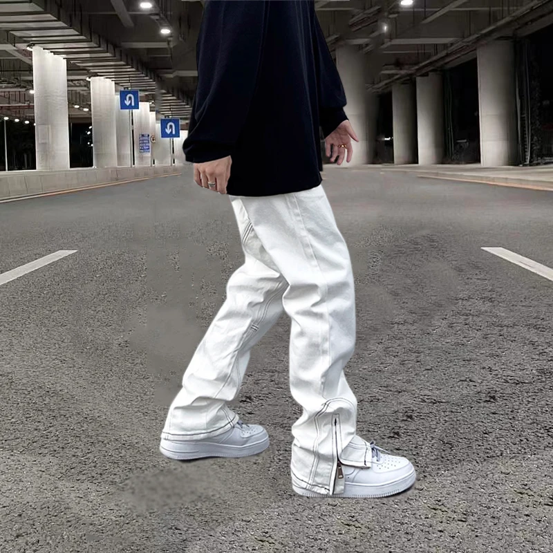 Men's Jeans Hip Hop White Flared Pants Loose Side Zipper Casual Loose Jeans Men's and Women's Pants Y2k Pants Ins Hot Sale Denim