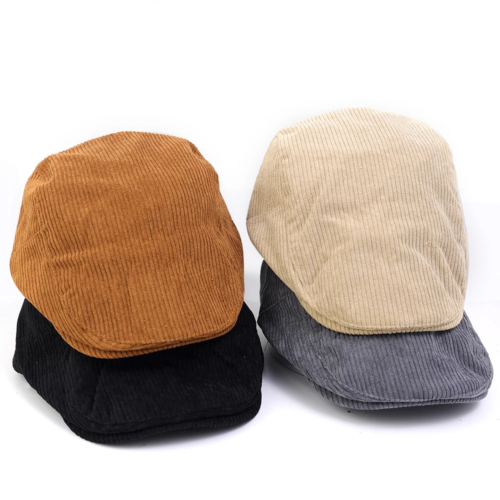 Autumn Corduroy Beret Hat for Men Sun Hats Solid Color Berets Vintage Newsboy Caps Flat Ivy Casquette Adjustable Cabbie Hat