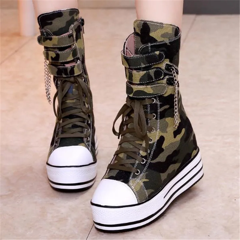 Brand New Chains High Heels Height Increasing Black Camouflage Gothic Style Skidproof Platform Casual Sneakers Shoes Boots Women