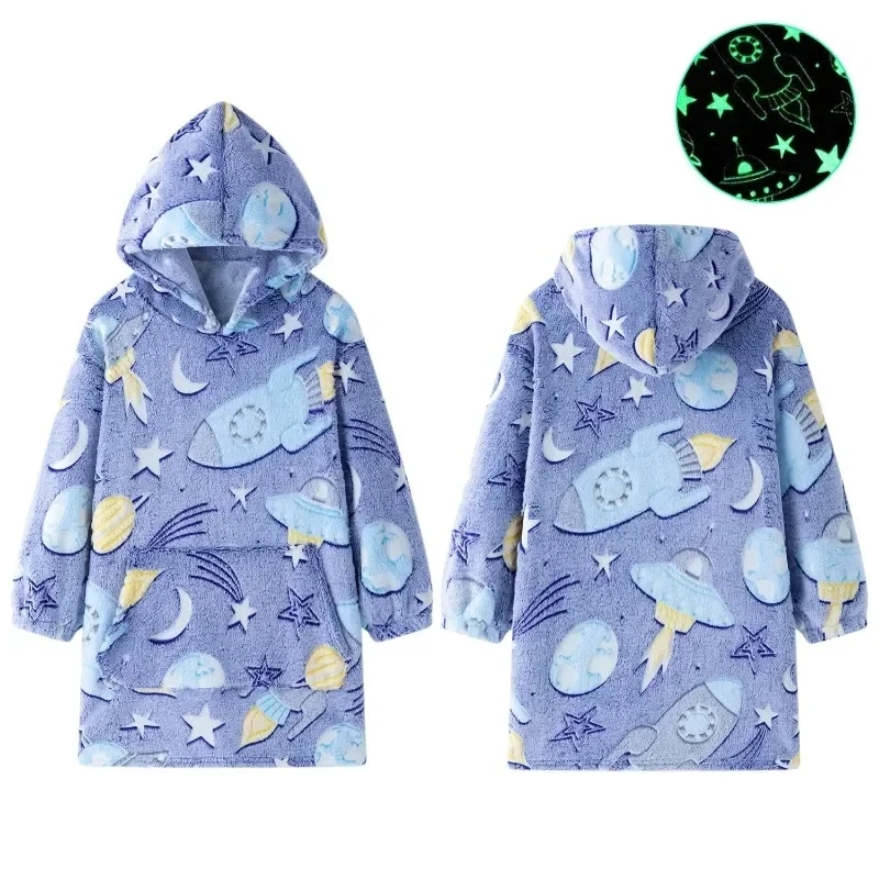 High 2025 Quality Spaceship Dinosaur Unicorn Luminous Flannel Hooded Bathrobe Children's new Lazy Clothes Luminous Blanket Home Clothing