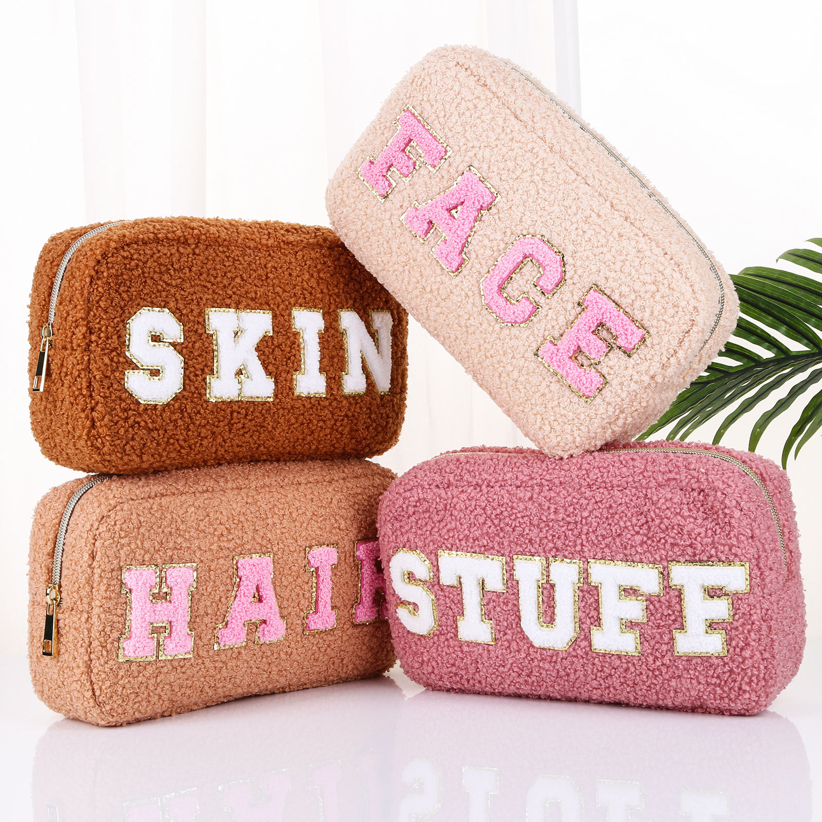 Preppy Fluffy Cosmetic Chenille Letter Organizer New Storage Bag Travel Makeup Pouch Gift for Women and Girls