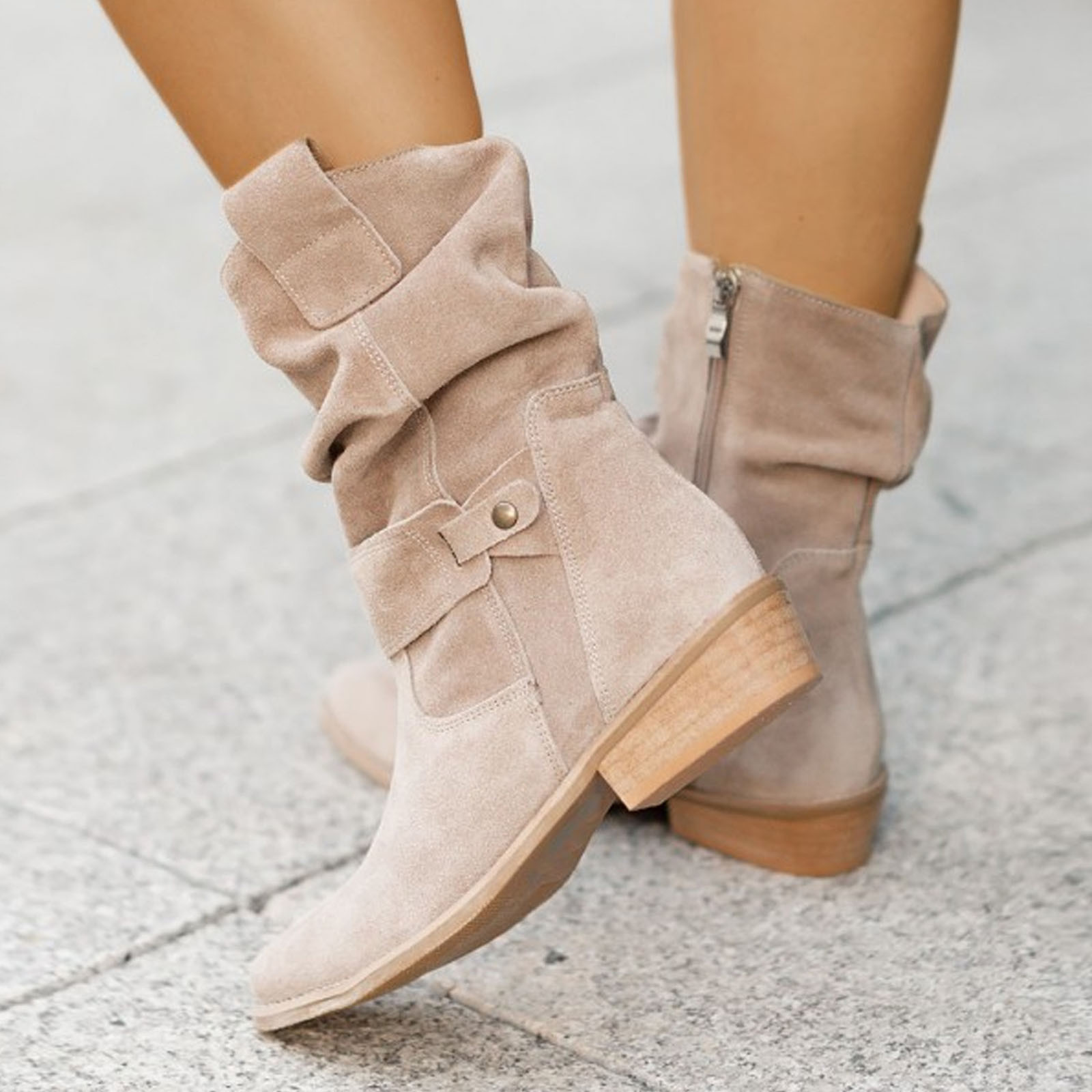 2023 Winter Warm Suede Women Boots Vintage Zipper Shoes Buckle Lady Mid-calf Boot Outdoor Thick Low Heel Female Pointed Booties