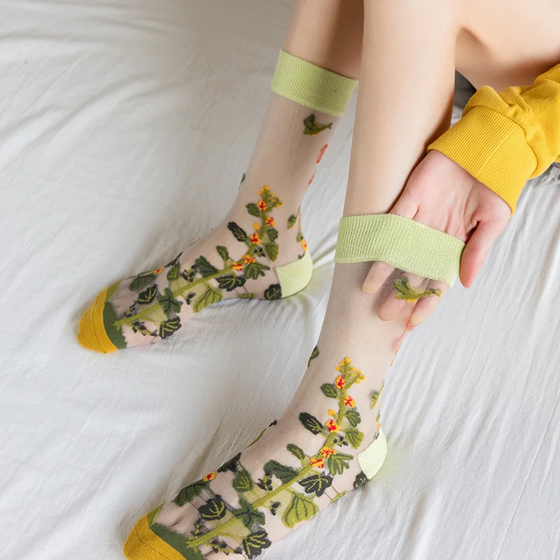 Ultra-thin Transparent Crystal Silk Socks Women Summer Creative Floral Retro Elastic Silk Trend Print Ultrathin Glass Silk Socks