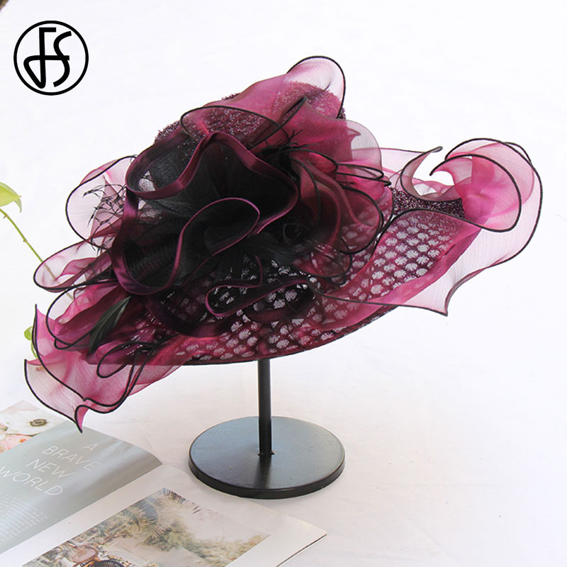 FS Women Organza Red Hats Wedding Fascinators Elegant Big Wide Brim Fedora Kentucky Derby Hats Party Formal Church Ladies Hat