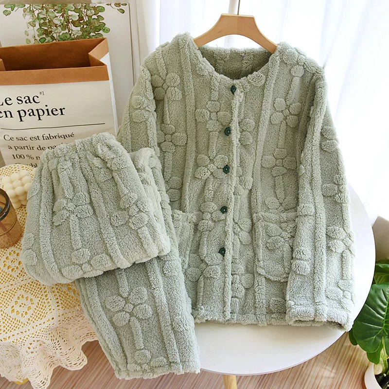 Autumn Winter Warm Pajamas For Women Sleepwear Top PJ Pants Pijama Mujer Invierno Pyjama Pour Femme Conjunto Flannel Round Neck