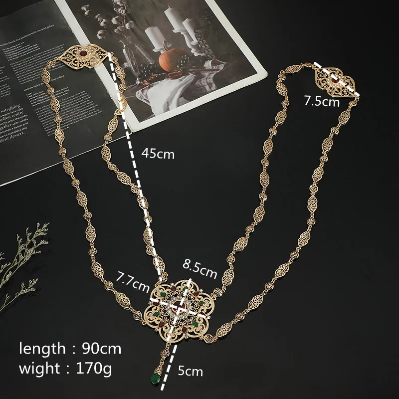 Moroccan Wedding Back Jewelry for Women Flower Design Gold Color Crystal Shoulder Chain Jewelry Kaftan Long Necklace