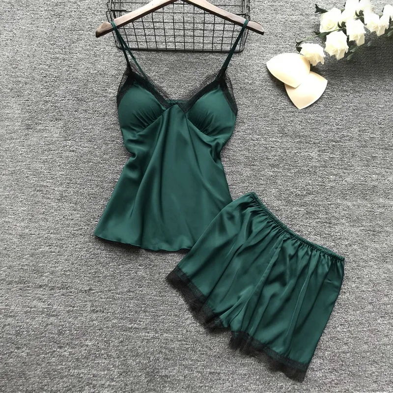 New Low Price Women Pajamas Sets Satin Sleepwear Silk 4 Pieces Nightwear Strap Lace Sleep Lounge Pajama With Chest Pads Drop
