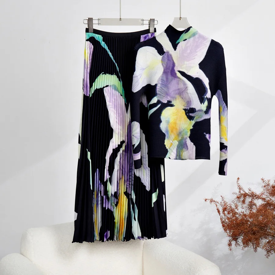 Women Autumn Vintage Dress Pleated Wer Suit Women's Stretch Pullover Tops High Waist Ral Printed Skirt Holiday Runway Two Piece Set