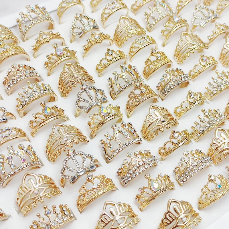 20/30/50Pcs/Lot Trendy Rhinestone Crown Rings for Women Wholesale Mixed Golden Silvery Color Charm Crystal Jewelry Party Gift