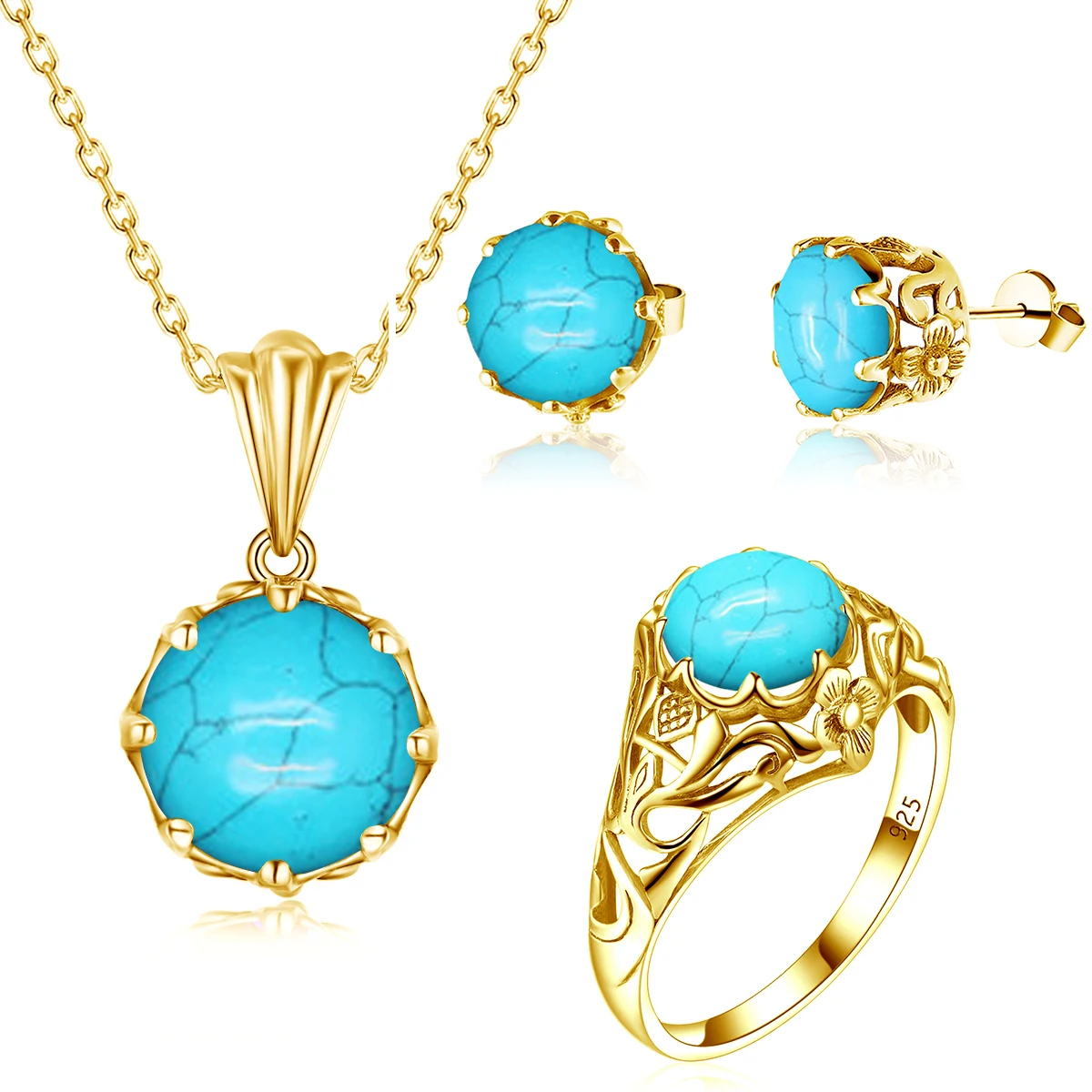 14K Gold Plated Jewelry Sets For Women Real 925 Sterling Silver Turquoise Gemstones Round Pendant Earrings Ring Set New