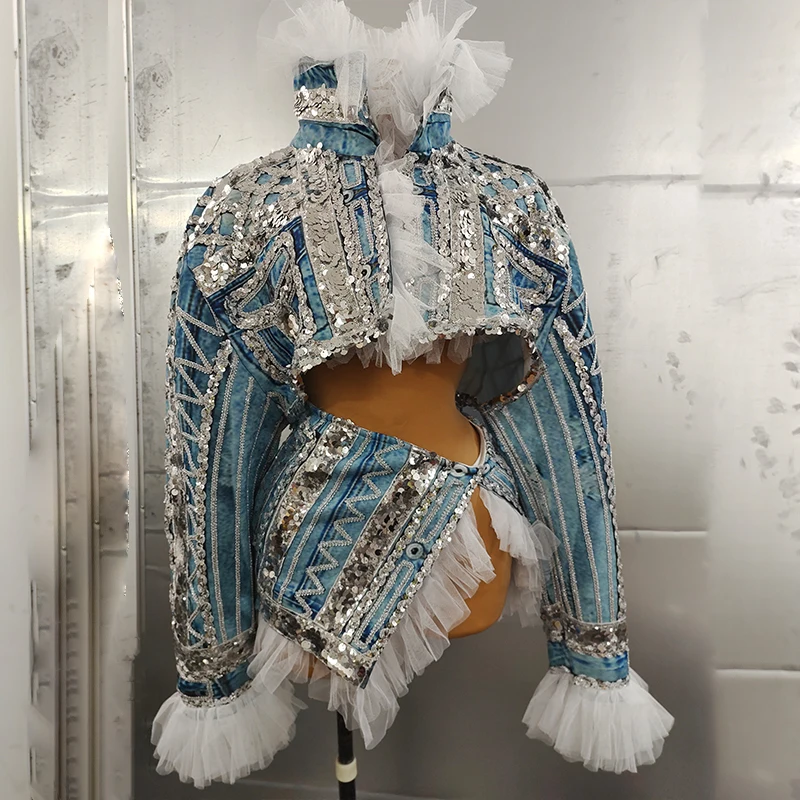 Birthday Party Dance Nightclub Singer Performance Top Skirt Sexy Stage Blue Jean Pattern 2 Pieces Set Sequins Costume Outfit