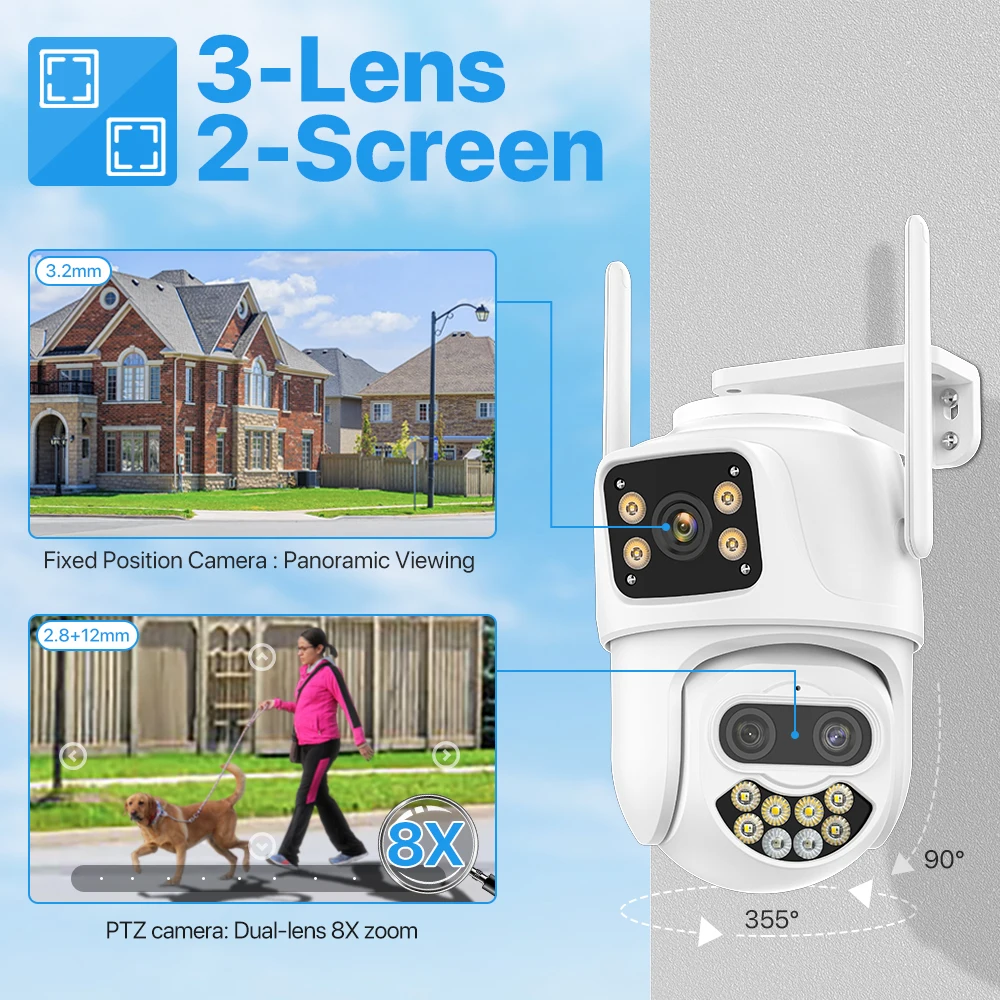 Telecamera IP WiFi esterna 4K 9MP HD 8x Zoom telecamera PTZ a tre obiettivi sorveglianza di sicurezza a doppio schermo CCTV Cam 8MP Ai Tracking iCSee