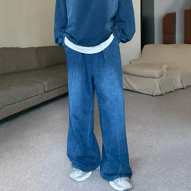 NOYMEI Men s Trouser Set Korean Style Washed Denim Sweatshirt Two Piece Autumn New Casual Suits Straight Baggy Pants WA