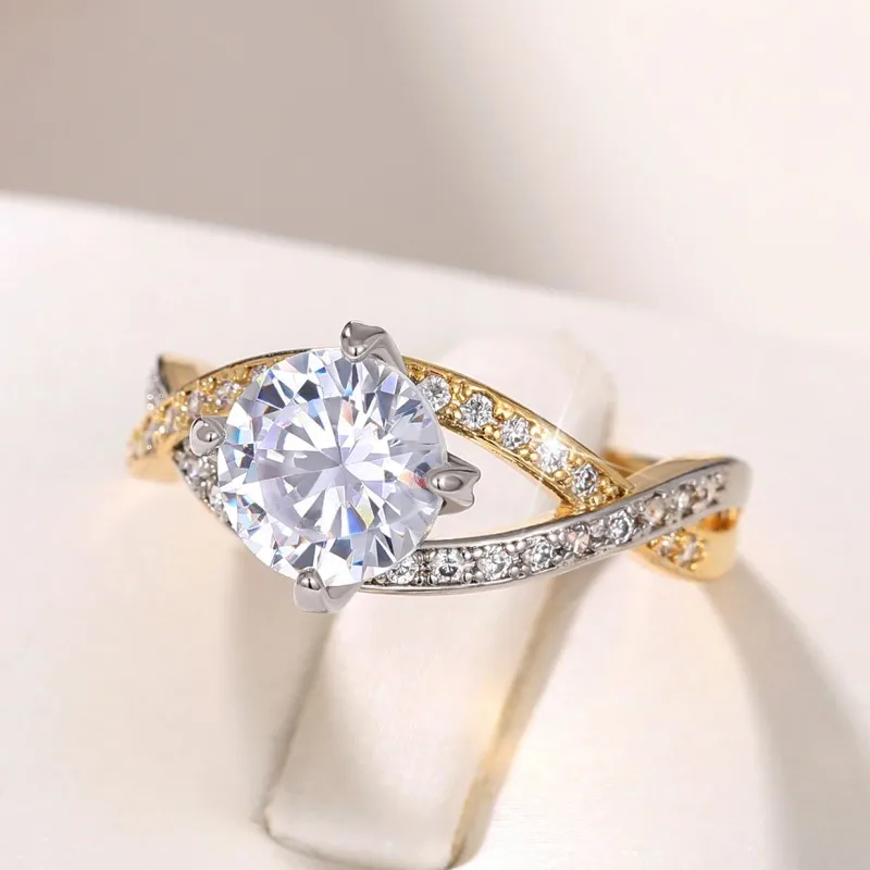 Huitan Cross Rings Claws Setting Cubic Zirconia for Women Trendy Wedding Band Accessories Two Tone Chic Jewelry