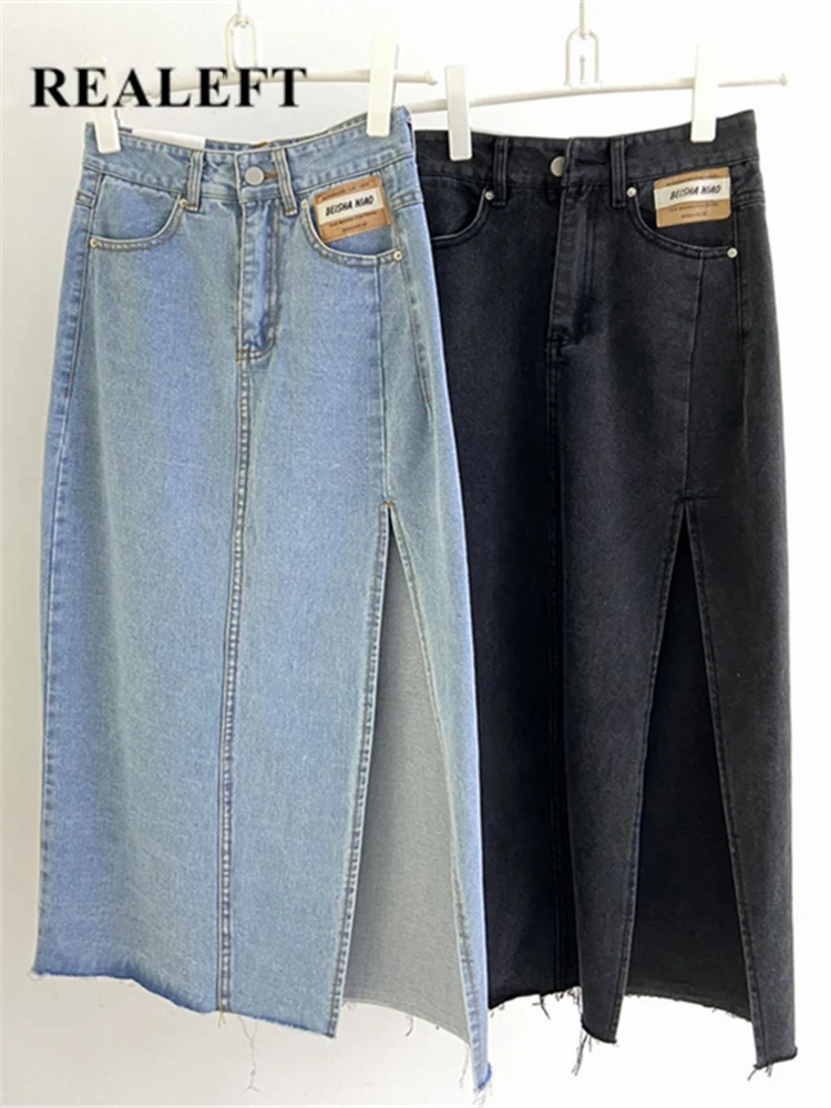 REALEFT New Summer Women's Long Denim Skirts Vintage 2025 High Wasit Jeans new Skirt Straight Side Split A-line Pencil Skirts Female