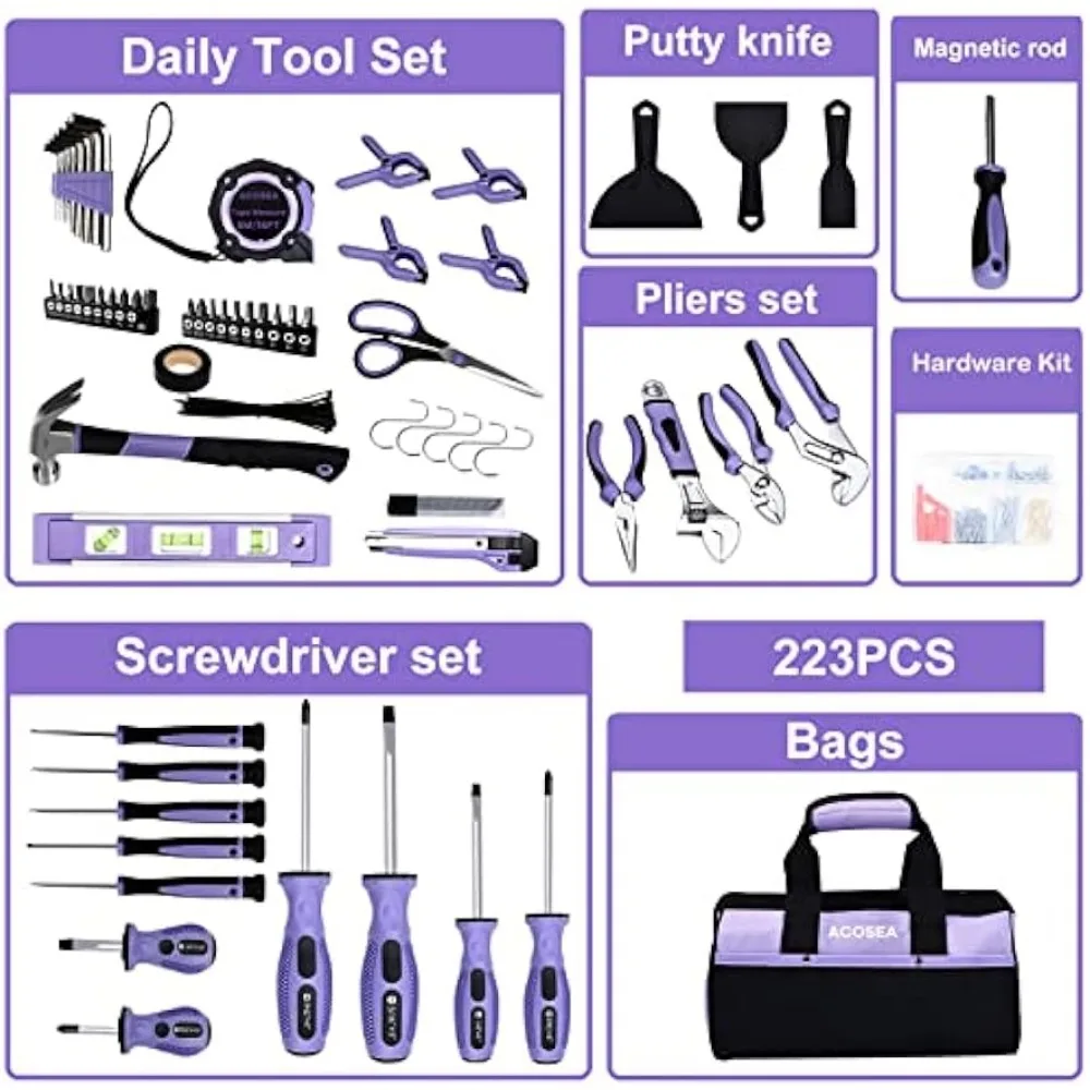 Purple Tool Set ACOSEA Piece Sets for Women Kit with Inch Wide Mouth Open Bag The