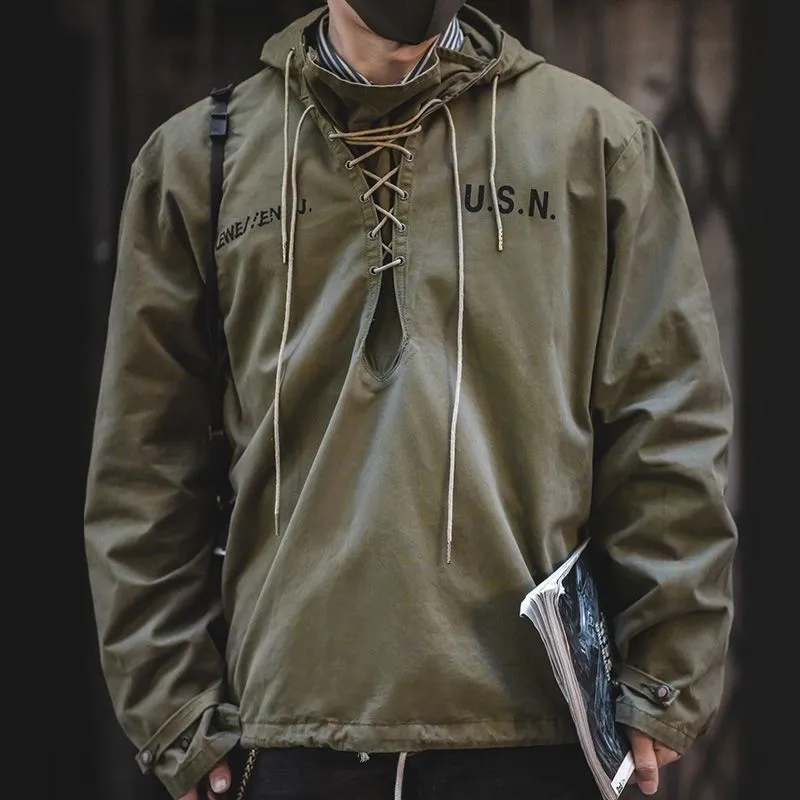 Spring Autumn Retro Cargo new Drawstring Workwear Army Pullover Hood 2025 New Hoddies Male Windbreaker War Coat Work Clothes