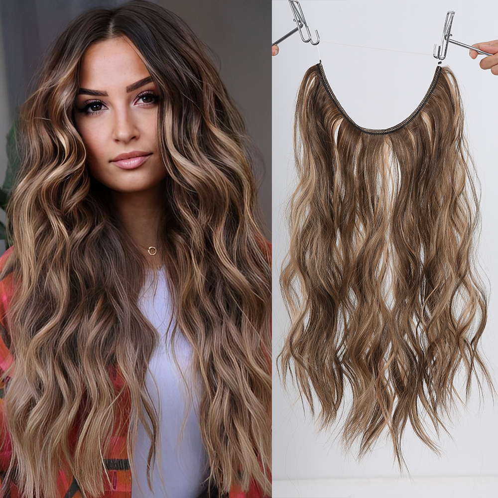 HAIRCUBE Synthetic Hair Extensions Long Cury Wave No Clip Hair Piece Heat Resistant Brown with Blonde Highlight Female Fake Hair ad61c 5 90024