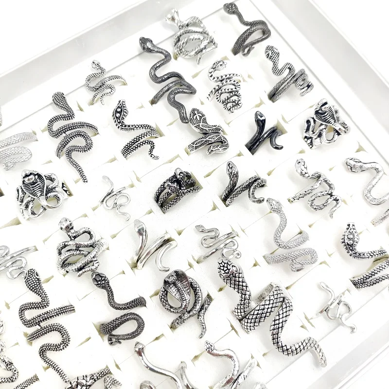 20/30/40/50Pcs/Lot Vintage Gothic Snake Animal Adjustable 2025 Rings for Men new and Women Wholesale Mixed Finger Ring Charm Jewelry Gift