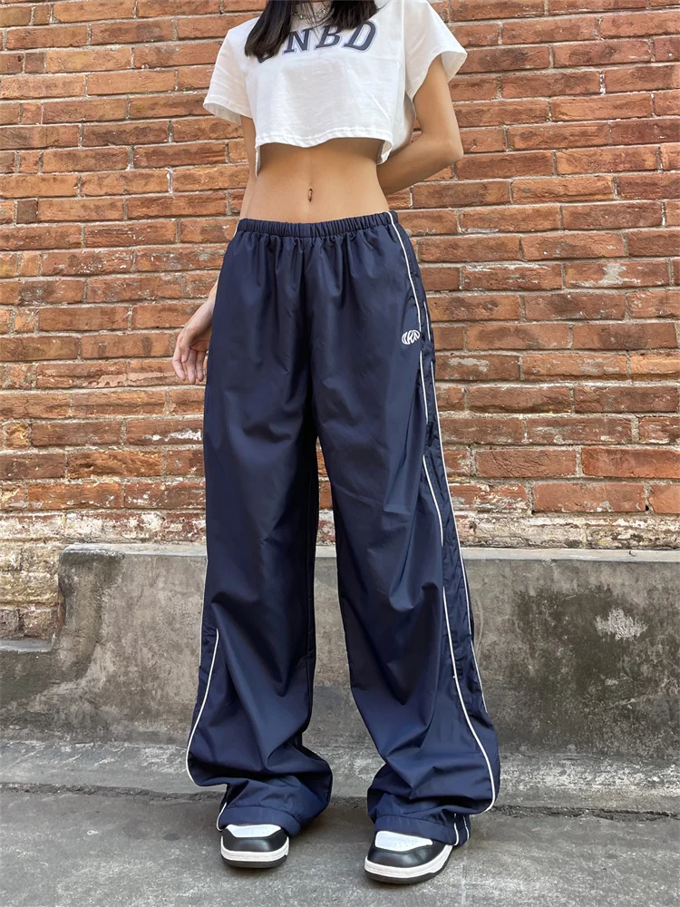 QWEEK Y2K Vintage Navy Blue Track Pants Women Gorpcore Streetwear Gray Sports Trousers Oversize Korean Black Wide Leg Sweatpants