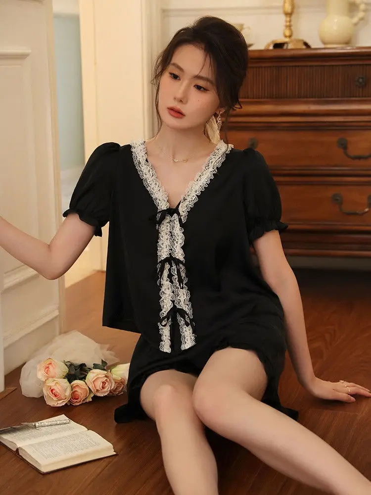 Summer French Style Lace Trim Romatic Women Pajamas Set Female V-neck Silk Stain Home Suits Lantern Sleeves Ruffles Sleepwear