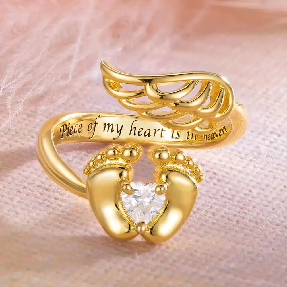 Personalized Sterling Silver Angel Wings&Baby Feet Miscarriage Ring -Loss of Pregnancy Rings Jewelry Memorial Gift for Women Mom