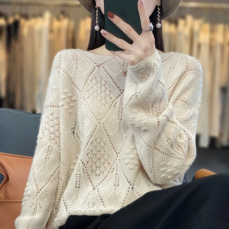 Spring and summer 2025 cashmere sweater thin pullover women's knitted hollow-out O-neck women's new pure wool sweater New products
