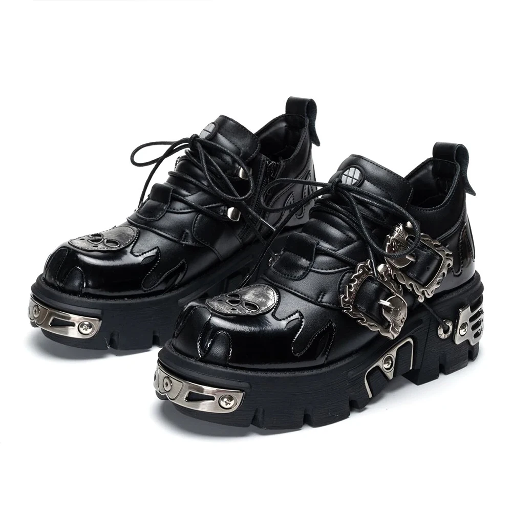 2023 Men and Women Vintage Rock Couple Shoes New Dark Punk Leather Retro 2025 Boots Metal new Niche Design Unisex Single Platform Shoes