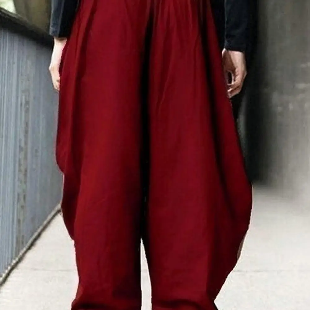 Men Harem Pants Solid Color Elastic Waist Men Trousers Loose-fit Retro Style Drawstring Casual Long Trousers Streetwear