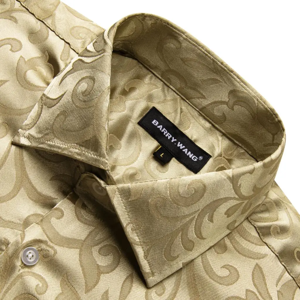 Shirts for Men Silk Brown Khaki Floral Long Sleeve Slim Fit Male Blouese Casual Tops Formal Breathable Barry Wang