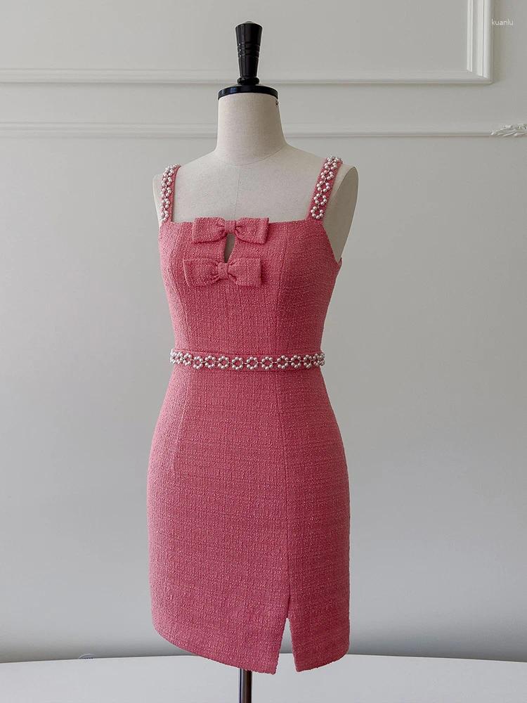 Casual Dresses Tweed Solid Beaded Design For Women Strapless High Waist Sleeveless Elegant Dress Female Spring 3WM792