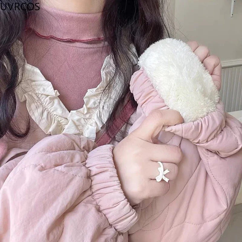 Korean new Style Cute 2025 Loose Warm Winter Jacket Women Chic Ruffle Neck Sweet Parkas Overcoat Japanese Haruku Kawai Padded Coat 2023