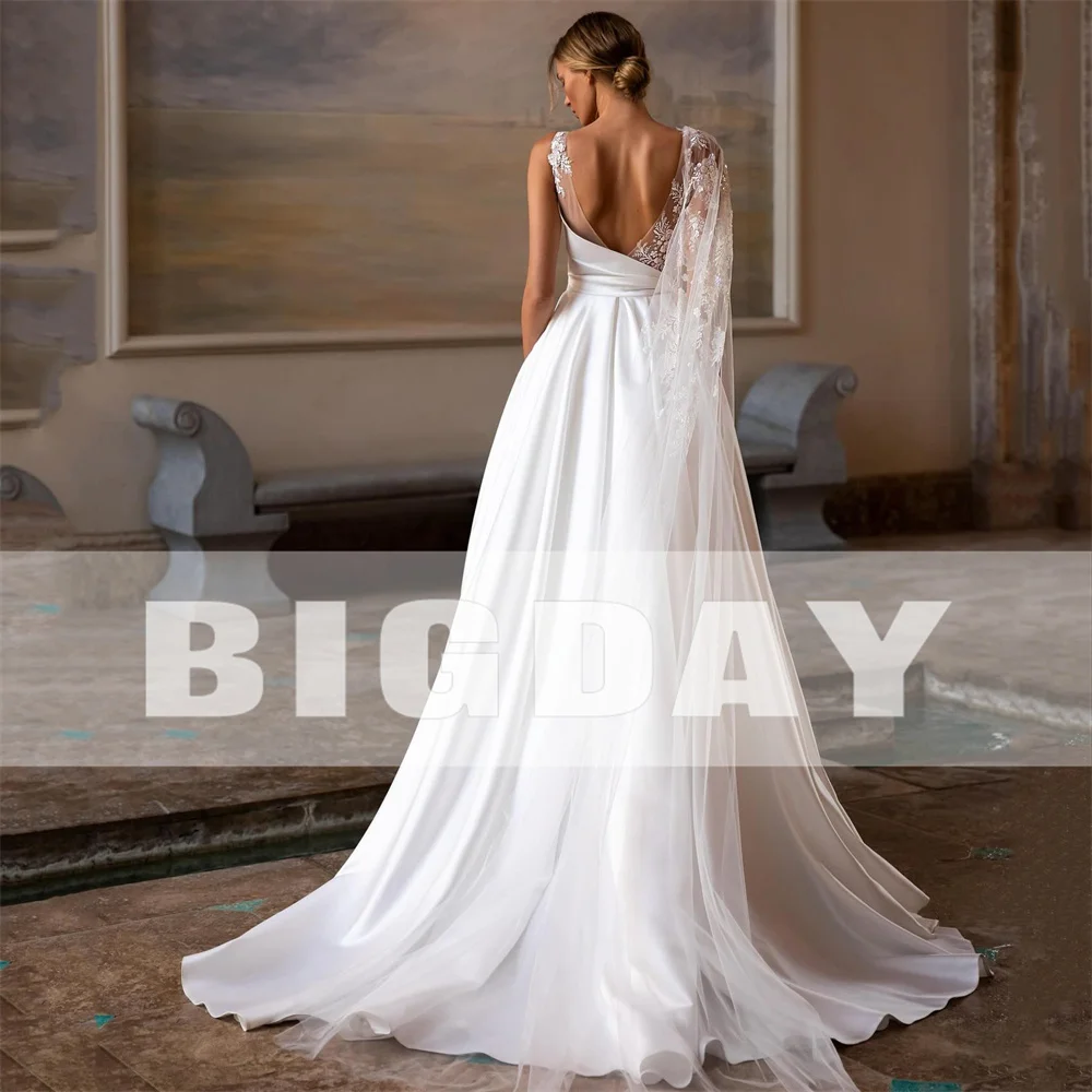 Elegant A-Line Wedding Dresses Women 2024 Open Back Lace O-Neck Satin Pleat Applique Bridal Gowns Sweep Train Vestidos De Noiva