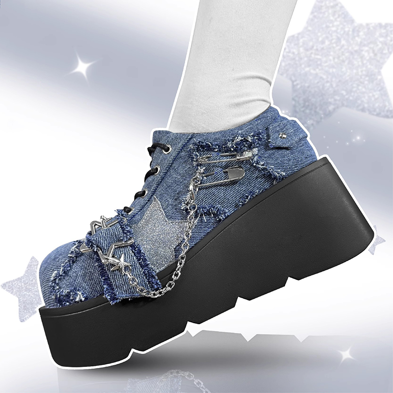 Punk Metal Chain Chunky Platform Ankle Women 2023 Winter Y2K Thick Bottom Denim Boots Woman New Black Gothic Lolita Shoes