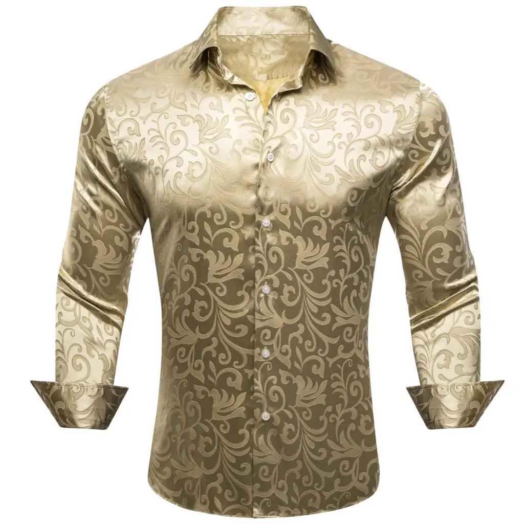 Shirts for Men Silk Brown Khaki Floral Long Sleeve Slim Fit Male Blouese Casual Tops Formal Breathable Barry Wang