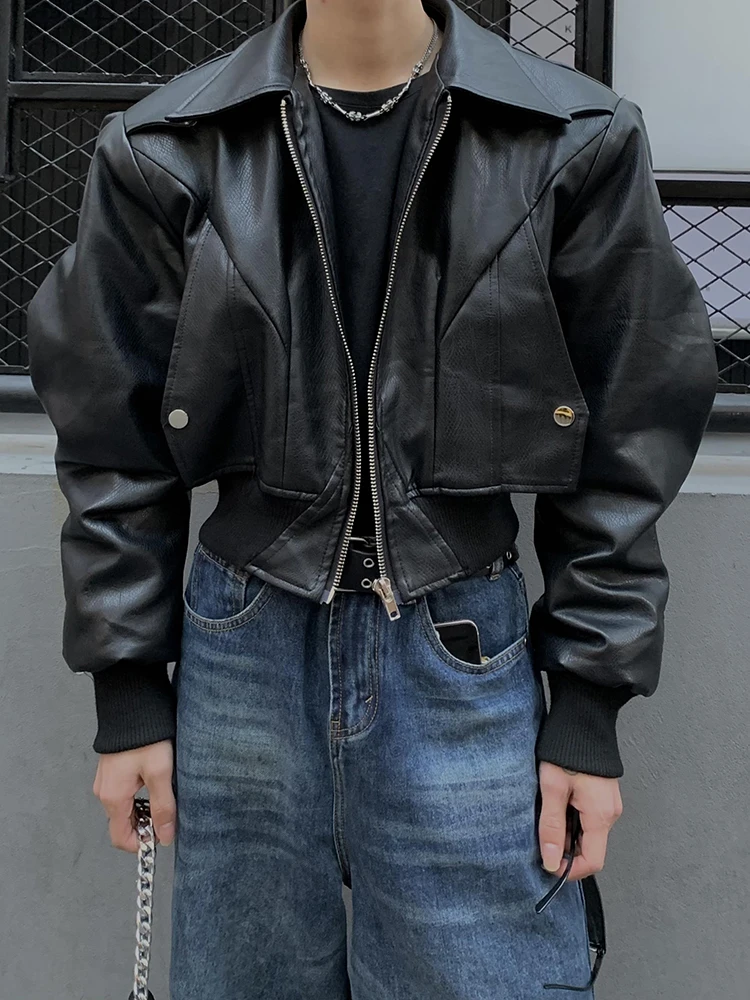 Mauroicardi Spring Autumn Cool Waterproof Black Pu 2025 Leather Jacket new Men Shoulder Pads Long Sleeve Zipper Designer Clothes