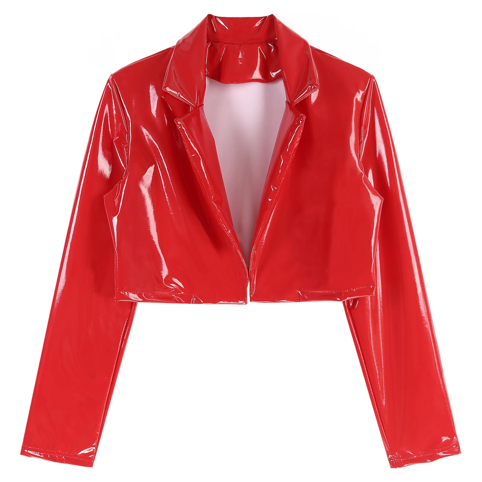 Womens Wet Look Patent Leather Jacket Top Lapel Long Sleeve Punk Latex Cropped Coat for Party Club Music Festival Streetwear
